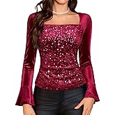 HomRain Women's Long Sleeve Sequin Velvet Tops Boat Neck Sparkly Party Blouse Evening Holiday Shiny Casual Shirts