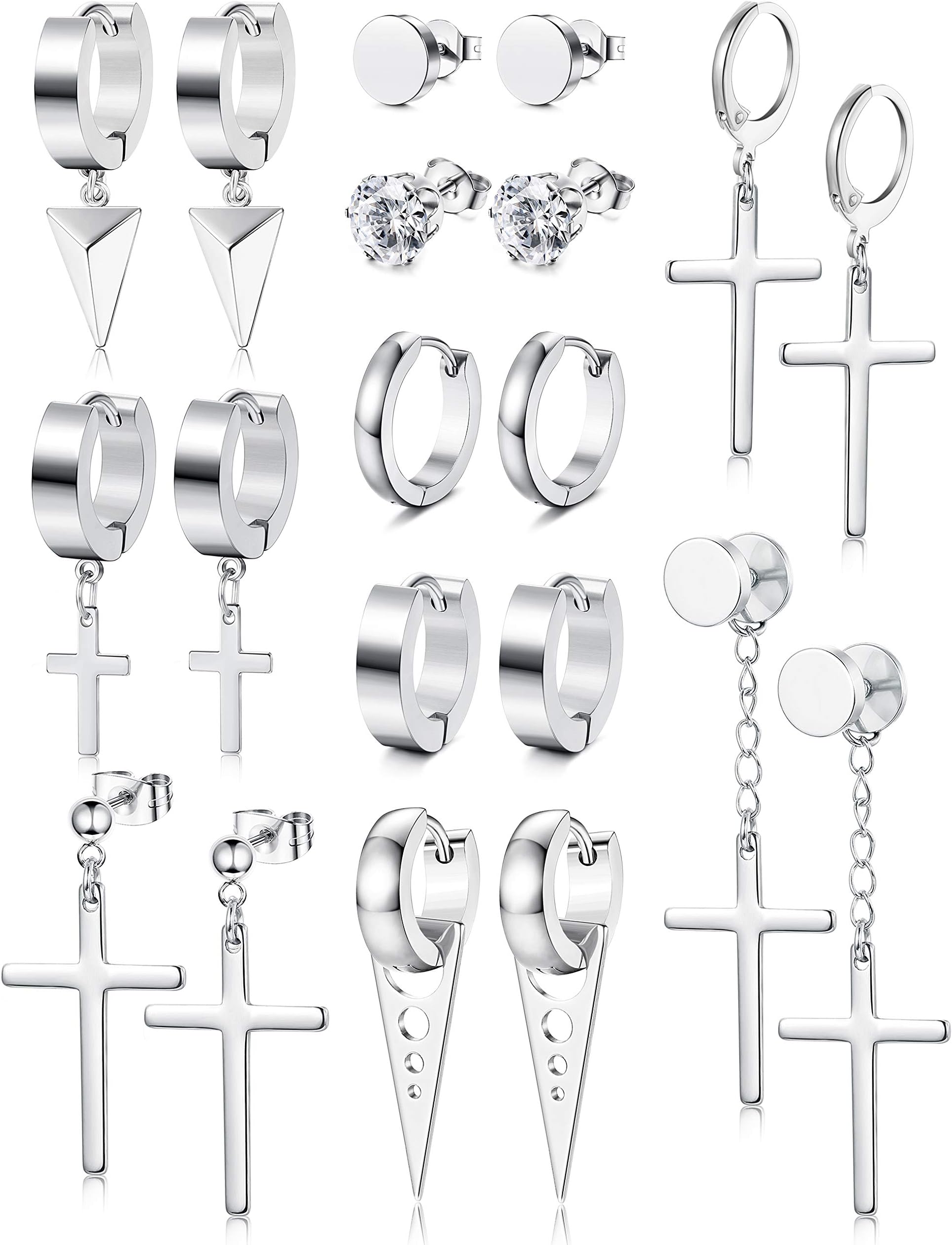 10 Pairs Stainless Steel Cross Dangle Hinged Hoop Earrings for Men Women CZ Ball Stud Earrings Gauge Tunnel Hoop Huggie Ear Piercing Earrings Silver tone Black