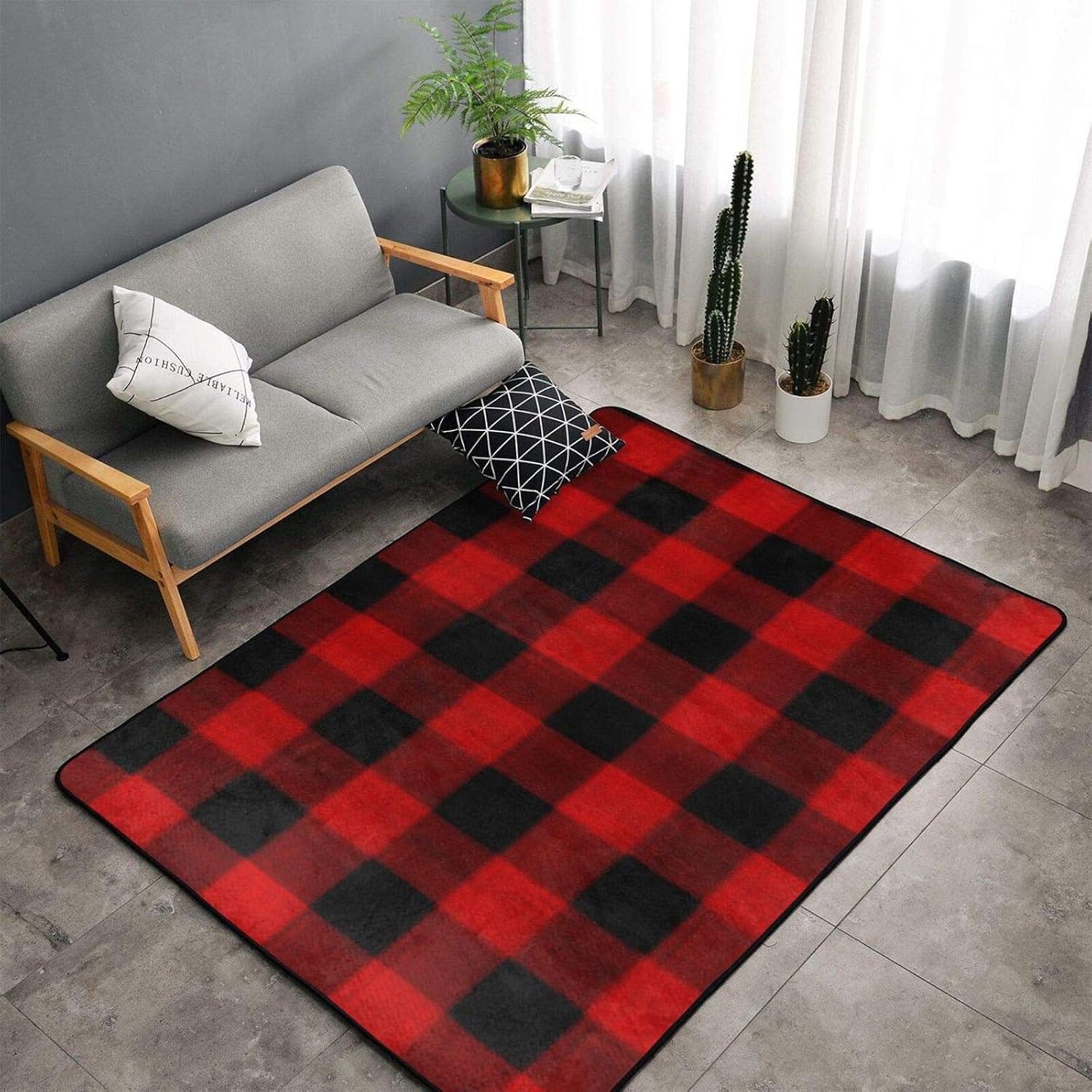 Soft Shaggy Red Black Buffalo Check Plaid Pattern Area Rugs Fluffy