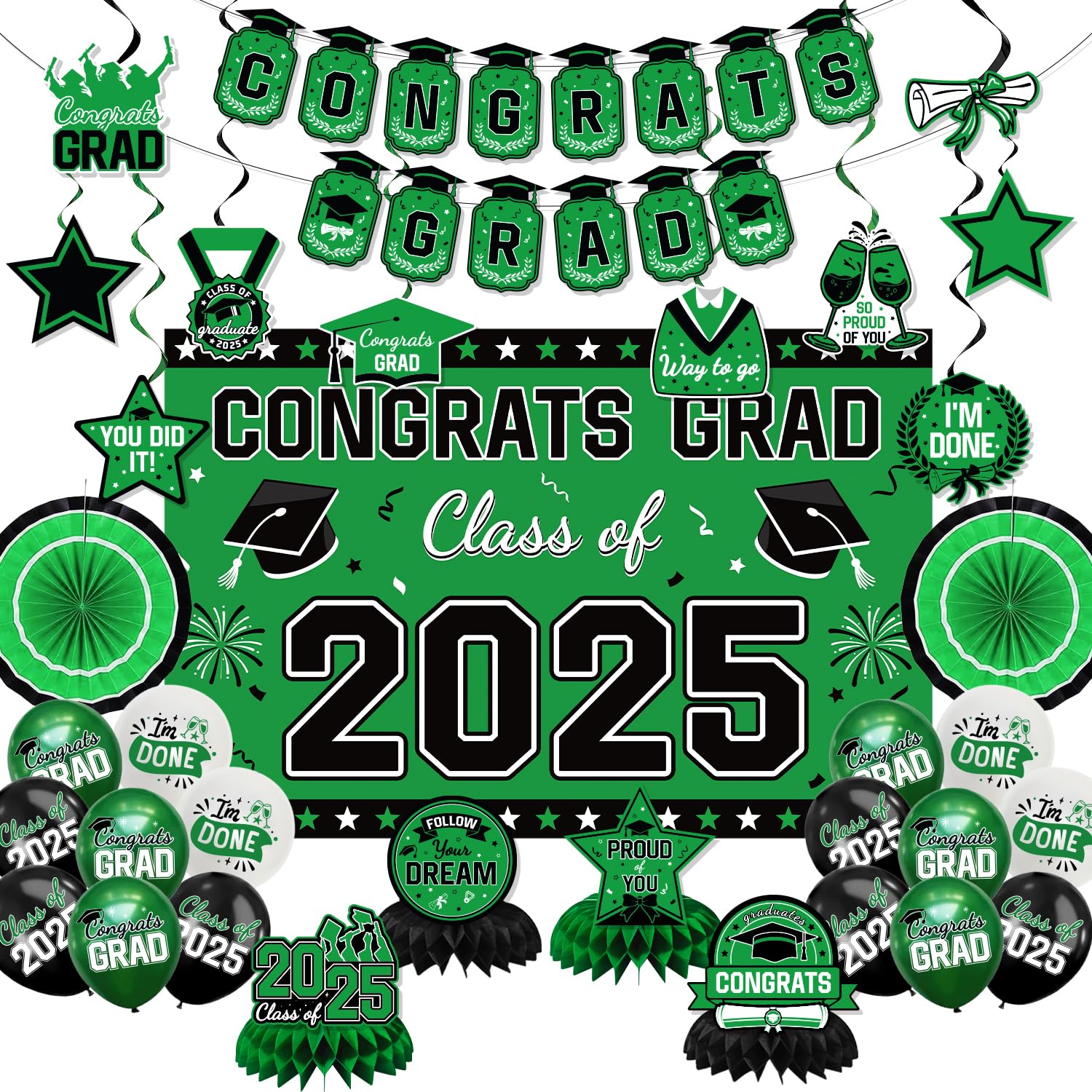 Photo 1 of 2025 Graduation Party Decorations Banner, Backdrop, Balloons, Hanging Swirl, Hanging Round Paper Fans and Graduation Honeycomb For Party (Green)