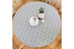 LIBERECOO Round Vinyl Fitted Tablecloth with Flannel Backing Elastic Edge Plastic Table Cover Waterproof Table Cloth Stain-Resistant Wipeable for 45"-56" Round Table