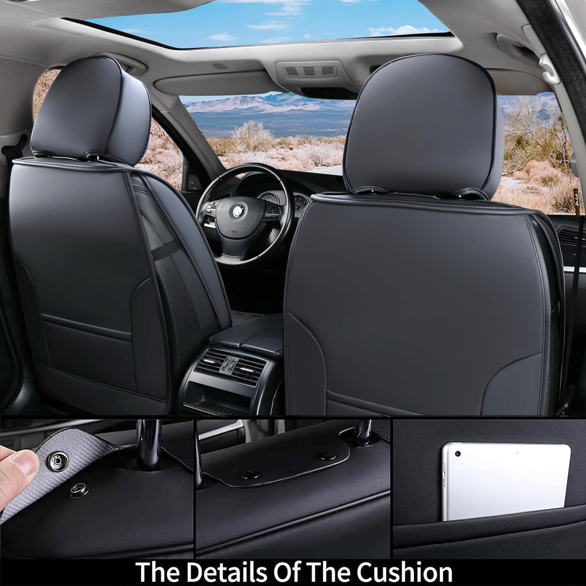 Coverado Seat Covers Full Set, 5 Seats Seat Covers For Cars, Waterproof Nappa Leather Car Seat Covers With Head Pillow, Seat Protectors Car Seat Cushion Universal Fit For Most Cars (Black&Gray - View #10