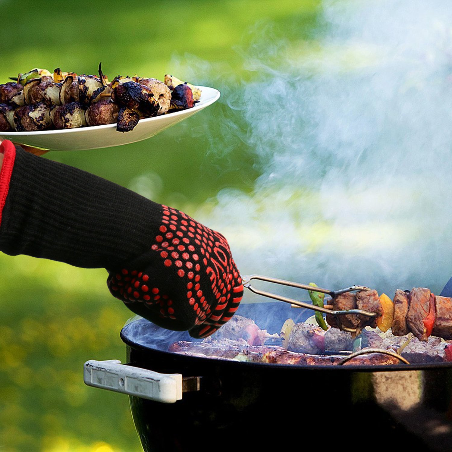 BBQ Cooking Gloves Heat-insulated Grill Glove - Kitchen Potholders Protective Oven Mitt, 932℉ Extreme Heat Resistant Grilling Glove for Baking - Heatproof Adiabatic Silicone Glove, 1 Pair (Red)