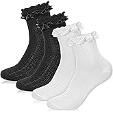 Tyqour 2 Pairs Ruffle Ankle Socks Women Ruffle Lace Socks Women Cute Stylish Cotton Ruffle Frilly Ruffle Dress Socks for Women(White & Black)