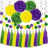 Bcxfbxd 32Pcs Mardi Gras Party Decorations Hanging Swirls Tissue Pom Poms Tassels Circle Garlands Banner for Baby Shower Birthday Wedding Decor Supplies