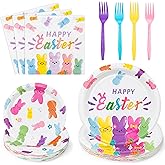 G1ngtar Easter Bunny Happy Easter Rabbits Party Plates Supplies - Serves 24-96Pcs Party Tableware Decorations Disposable Paper Plates Napkins Forks for Spring Birthday Baby Shower