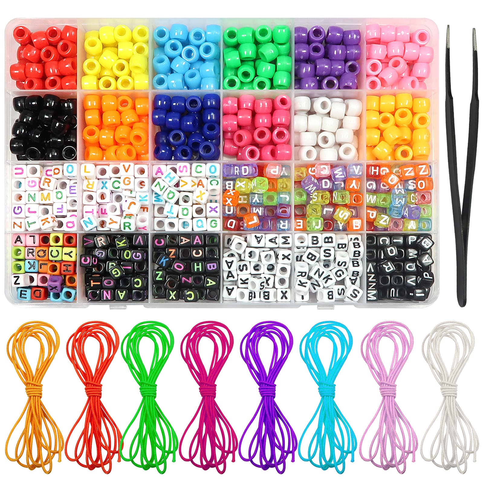 TOAOB 1020pcs Pony Beads Kit Multicolor Acrylic Beads 6mm Cube Alphabet Letter with Elastic Cords Tweezer for Jewelry Making DIY Craft