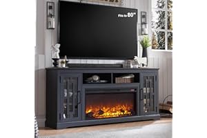 JXQTLINGMU Fireplace TV Stand with 36" Electric Fireplace for 80 Inch TV, Farmhouse 32" Tall Highboy Entertainment Center w/6 Shelves, Modern Media Console w/Storage for Living Room, Black
