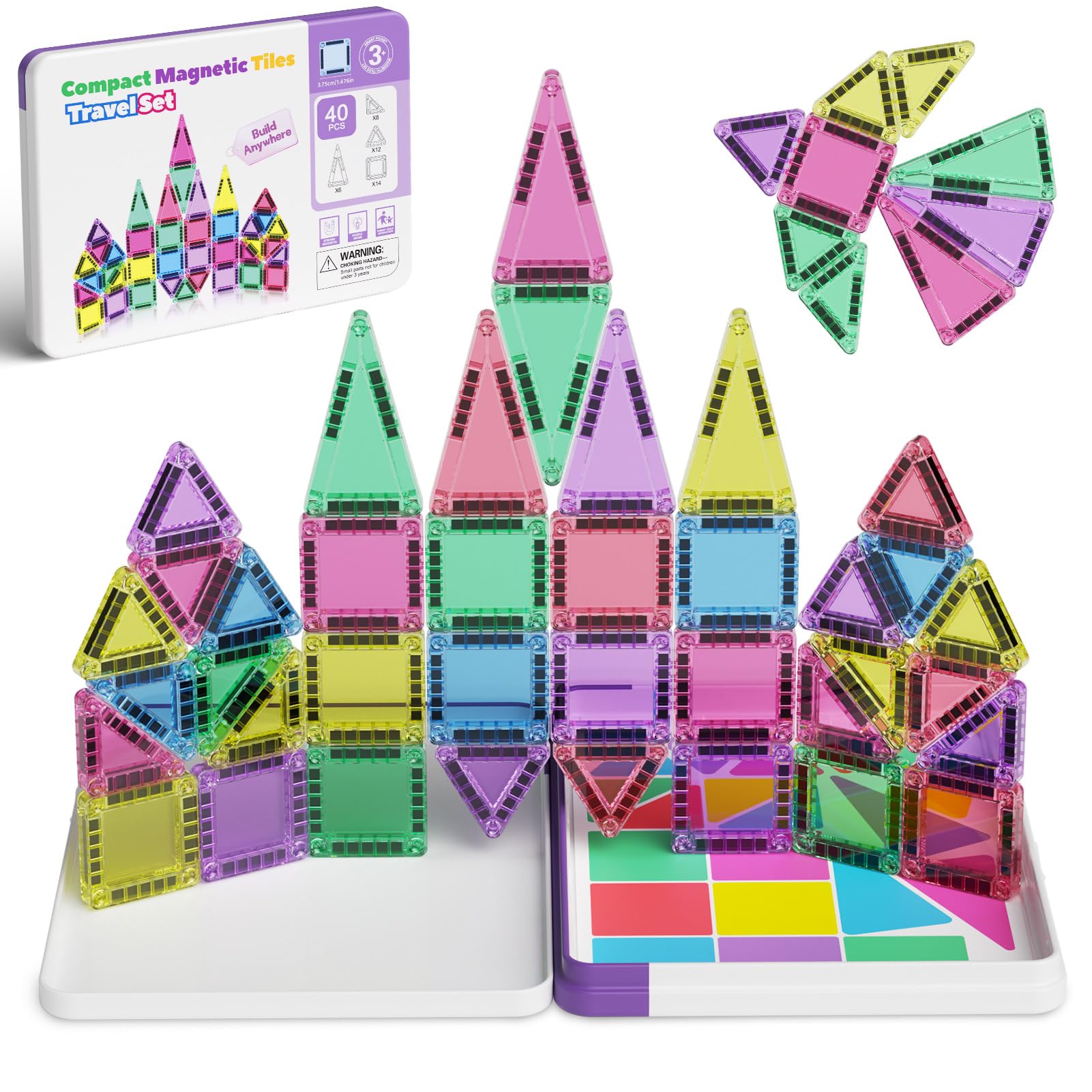 Magnetic Tiles for kids ages 4-8, 40 Pieces Mini Magnetic Building Blocks,Magnet Tiles Travel Construction Set with Storage Iron Box,Toddler Puzzle Birthday Gift Toys for Boys and Girls Ages 3