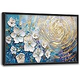 Quorin Flower Large Wall Art White Floral Pictures Abstract Golden Spiral Texture Wall Decor Canvas Print Painting Artwork for Bathroom Living Room Bedroom 36L x 24W