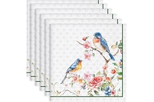 Arquiel Bird Flower Branch Print Cloth Napkins Set of 6, 18×18 Inch 100% Cotton Dinner Napkins Cloth Set, Washable Napkins fo