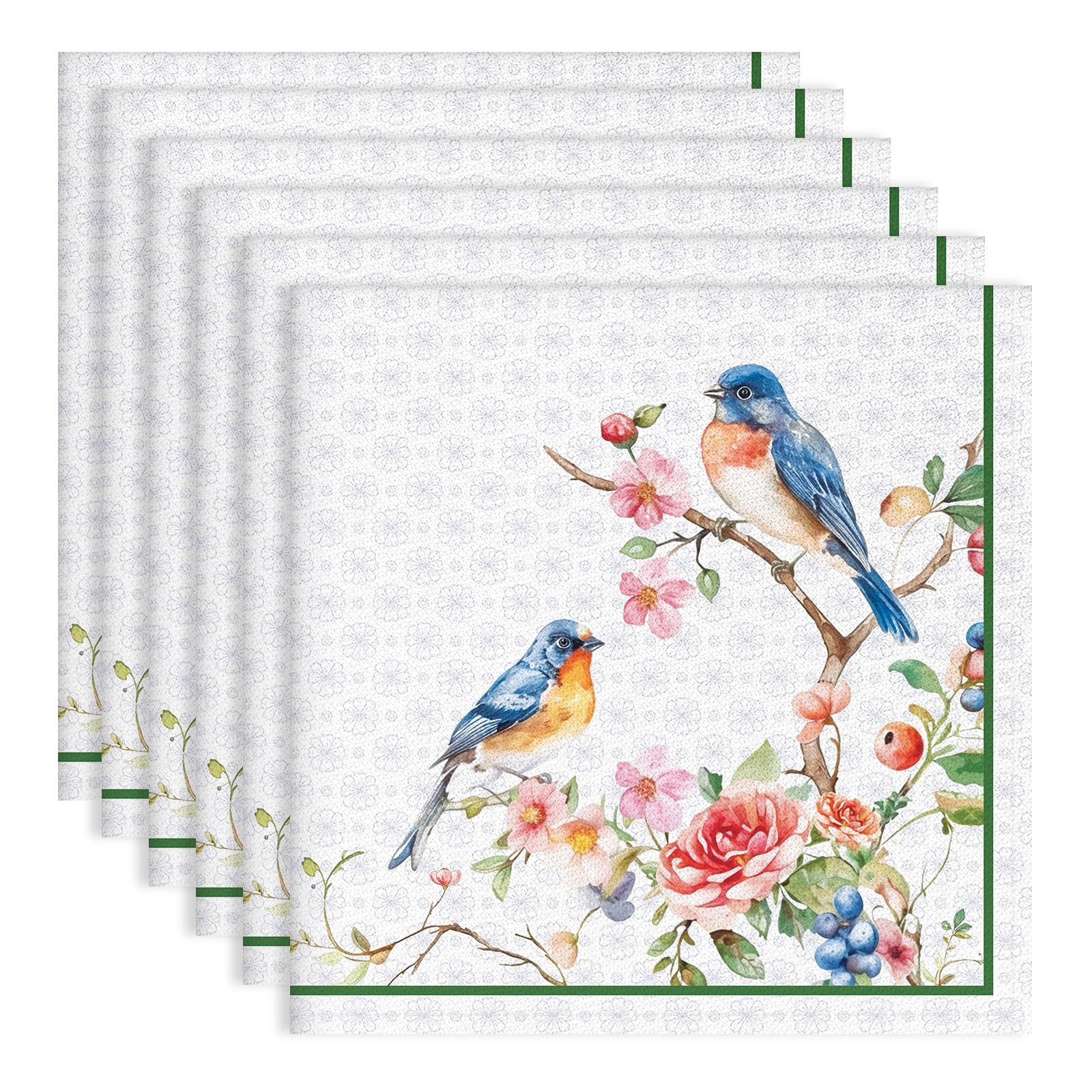 Arquiel Bird Flower Branch Print Cloth Napkins 100% Cotton, 18" X 18" Dinner Napkins Cloth Set, Washable Napkins for Home, Kitchen, Dinner, Party, Wedding, Cocktail, Set of 6