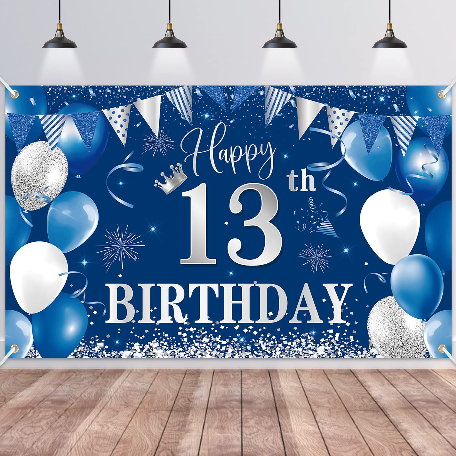 BTZO Happy 13th Birthday Decorations, Blue Silver Fabric Photo Backdrop Background for Boys and Girls Party, 180110cm