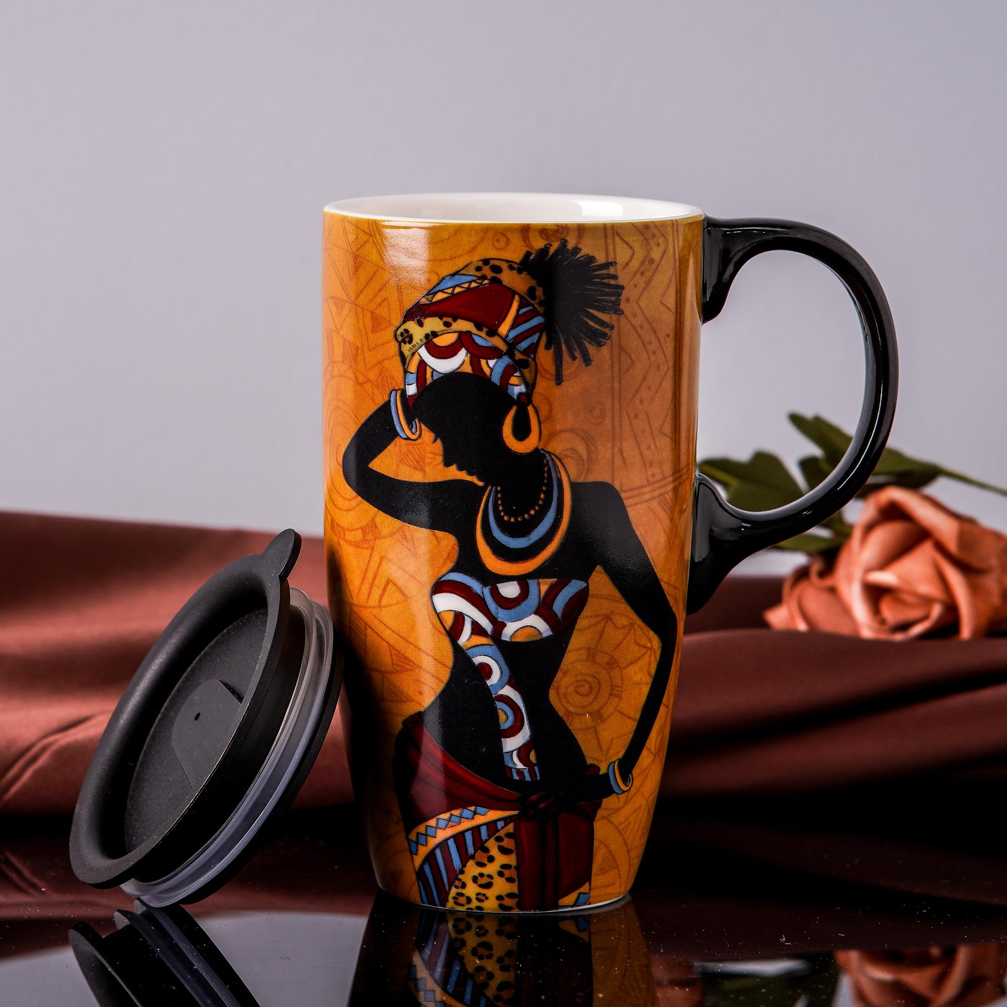 DUSVALLY Ceramic Mug Coffee Cup with Sealed Lid and Gift Box Latte Mug with Handle for Home and Office 17oz.Lady