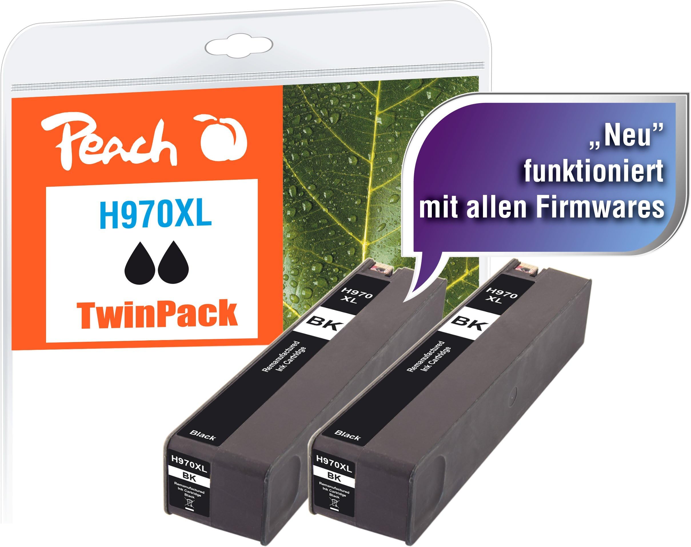 Peach Twin Pack Ink Cartridge Black HC, Compatible with HP CN625AE, No 970XL