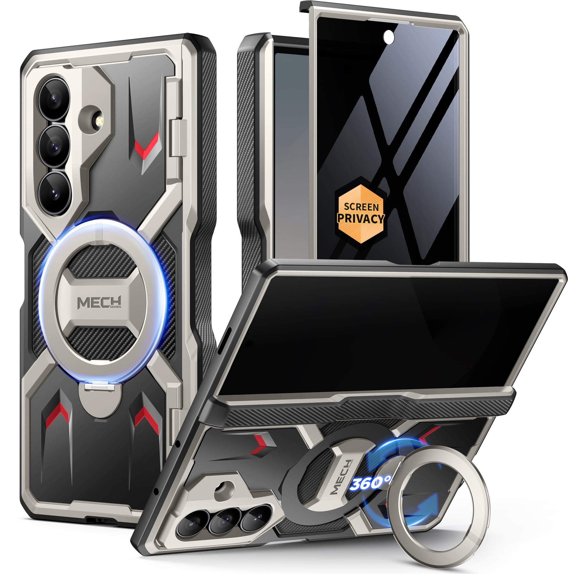 TONGATE 360° Spin Magnetic Stand for Z Fold 7 Case with Privacy Screen Protector, [Compatible with Magsafe] [Anti Spy] [360° Ring Holder] Full-Body Shockproof Case for Samsung Galaxy Z Fold 7, Tigray
