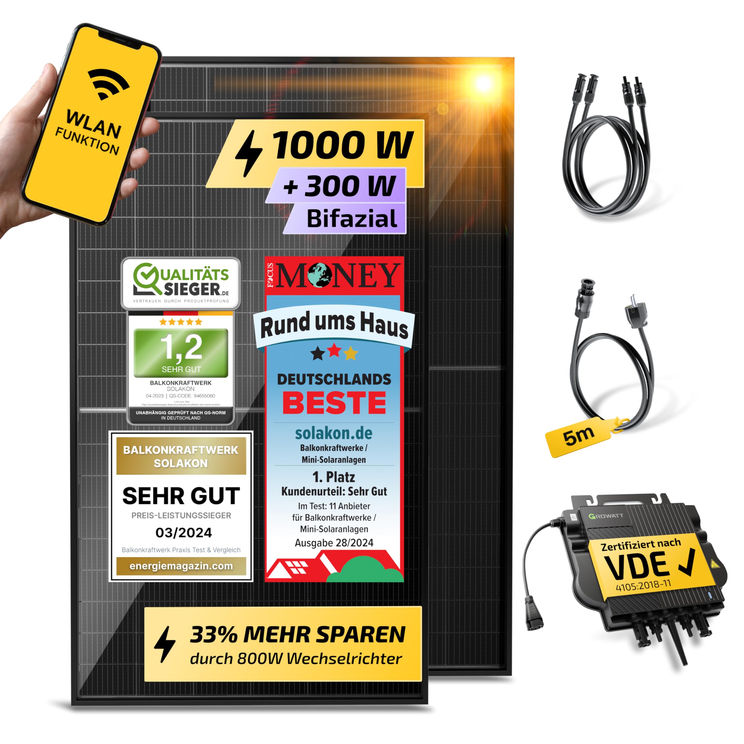 Solakon 1000W Balkonkraftwerk - Balkonkraftwerk 800W komplett Steckdose - neuester 800 Watt Wechselrichter - Solaranlage Komplettset, 500W bifaziale Solarmodule inkl Zubehör - 5m Kabel, Ohne Halterung