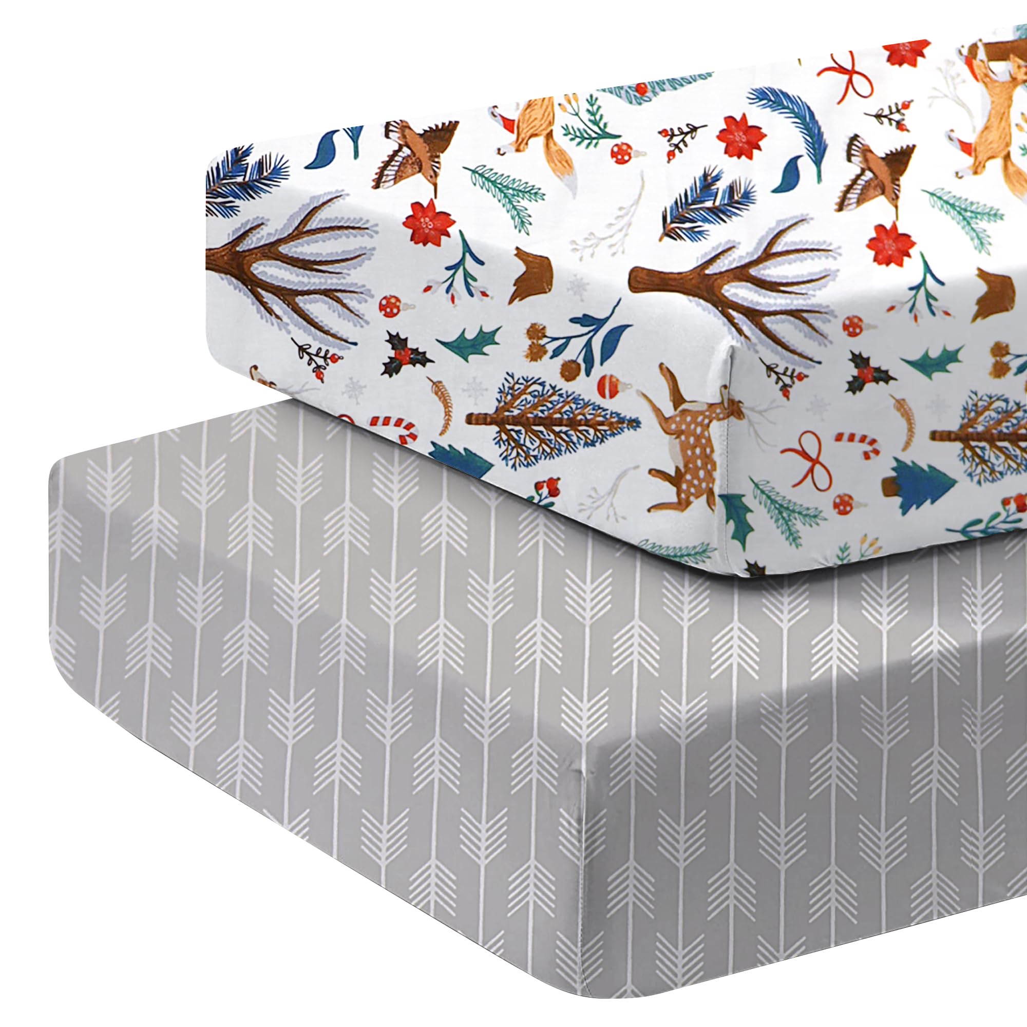 Cot Bed Fitted Sheets 2 Pack of 120 x 60 Fitted 100% Cotton Soft Hypoallergenic Fully Elasticated Skirt Breathable Easy Care(Deer & Arrows) — image 1