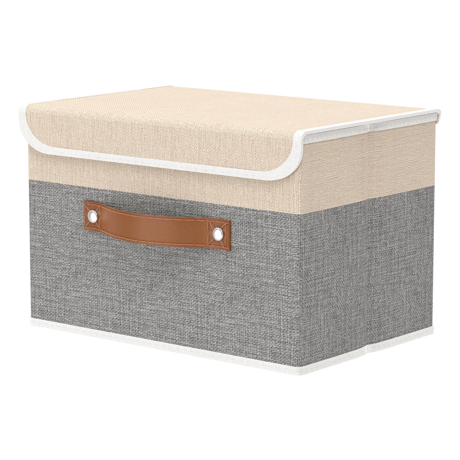 OUTBROS 38x25x25cm Collapsible Storage Box with Lid, Linen Fabric Clothing Shelf Basket Bins Box For Towels,Clothes 38x25x25 cm (Beige/Grey, 1-Pack)