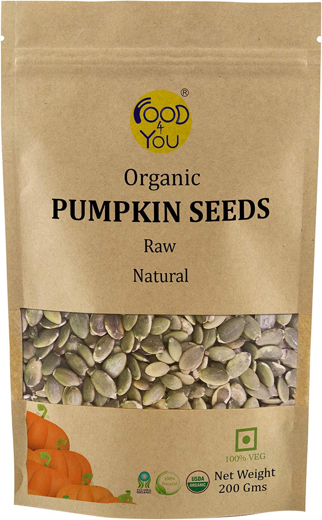 Food 4 You Organic Raw & Natural Pumpkin Seeds Pouch, 200 g,Kadu Ke Bij