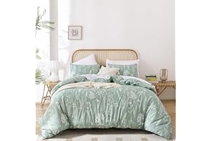 JANZAA Duvet Cover King Size Sage Green Duvet Cover 3 Pieces Floral Duvet Cover White Botanical Printed on Soft Bed Cover with Zipper Closure 4 Ties (2 Pillow Cases)