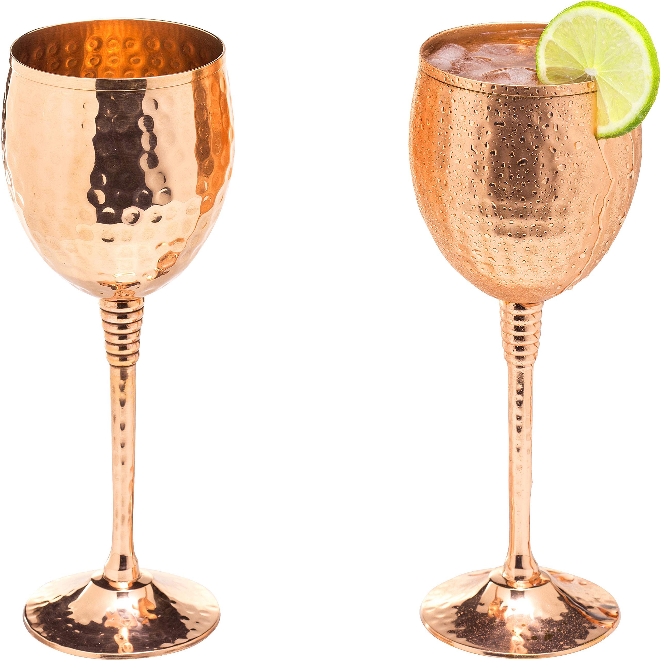 Mosscoff Copper Wine Glasses Set of 2-11oz Gleaming 100% Solid Hammered Copper Wine Cups on Brass Copper Plated Stems - a Gift for Men and Women - Great Glasses for red Or White Wine and Moscow Mules