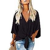 Women's Casual Floral Blouse Batwing Sleeve Loose Fitting Shirts Boho Knot Front Tops