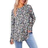Yousify Womens Long Sleeve Shirts Casual Crew Neck Tunic Top Loose Fit Curved Hem Printed Fall Shirts with Thumb Holes