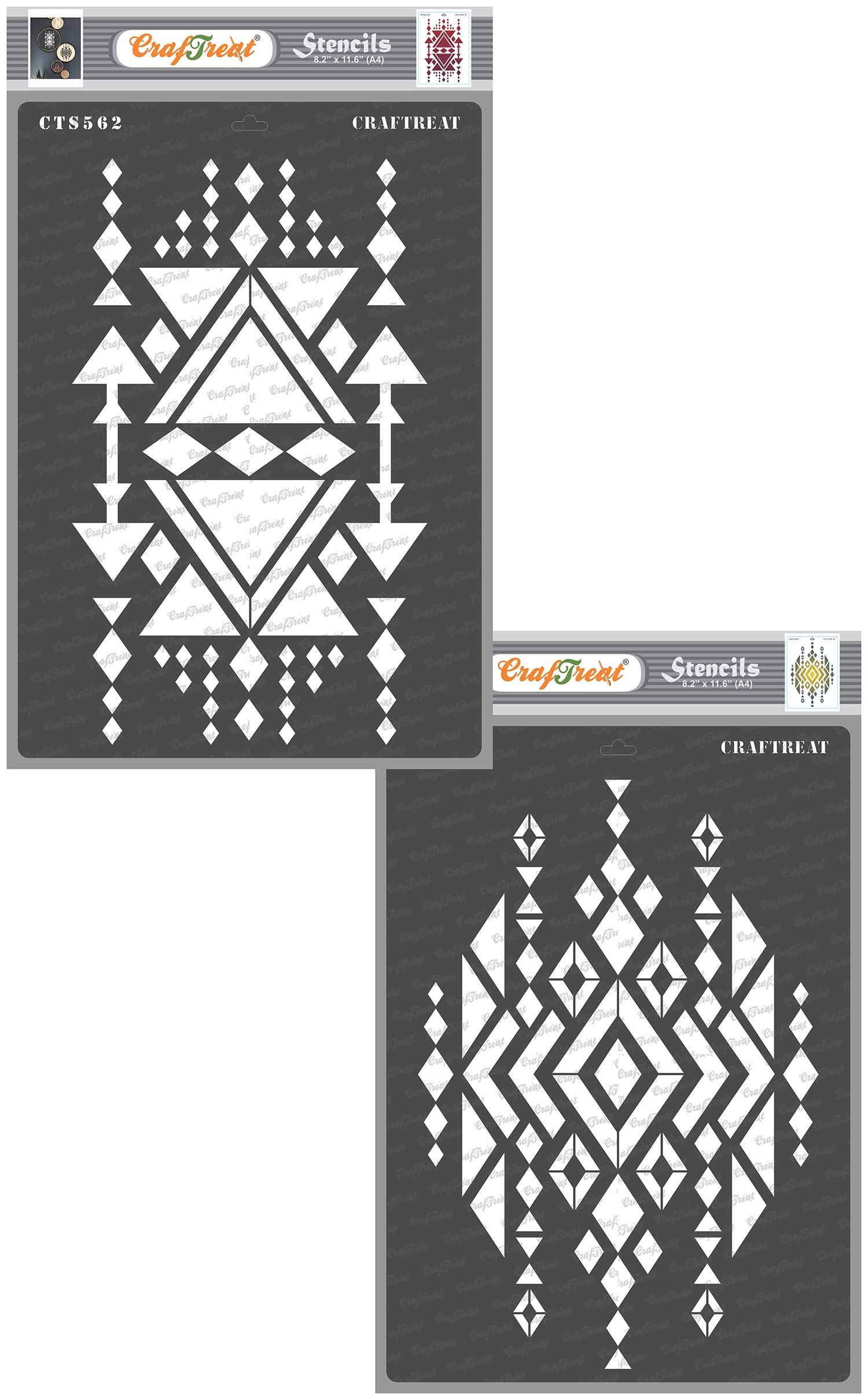 CrafTreat Reusable Aztec Stencils for Painting on Wood, Canvas, Fabric and Wall - Aztec Design 1 and Aztec Design 2 (2 Pcs) - A4 (8.3 x 11.7 Inch) - Aztec Design Stencils and Templates for Painting