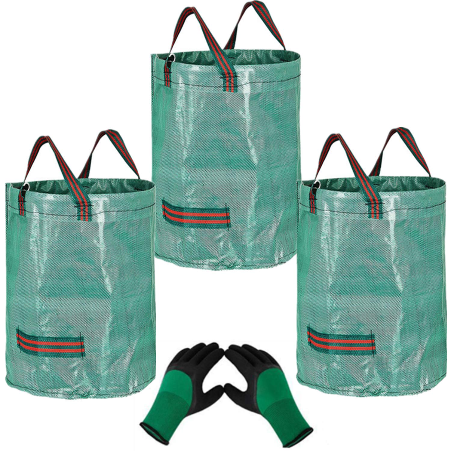3Pcs 272L Large Garden Waste Bags (H76cm,D67cm) and 1 Gardening Gloves,Garden Waste Rubbish Bag Sack,Reusable Garden Refuse Sack,Waterproof Rubbish Refuse Sacks with Handles,Tearproof Leaf Grass Bags