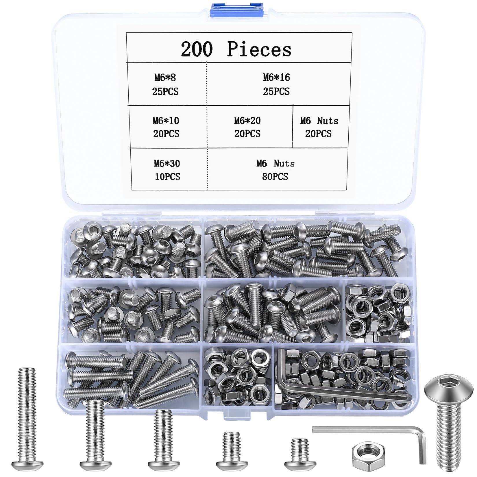 200 Pcs m6 Bolts Set, Hex Socket Button Head Cap Screws and Nuts Set, m6 Nuts and Bolts Set, Stainless Steel Round Hex Socket Head Cap Machine Screws, Pan Head Furniture Bike Bolt Sets