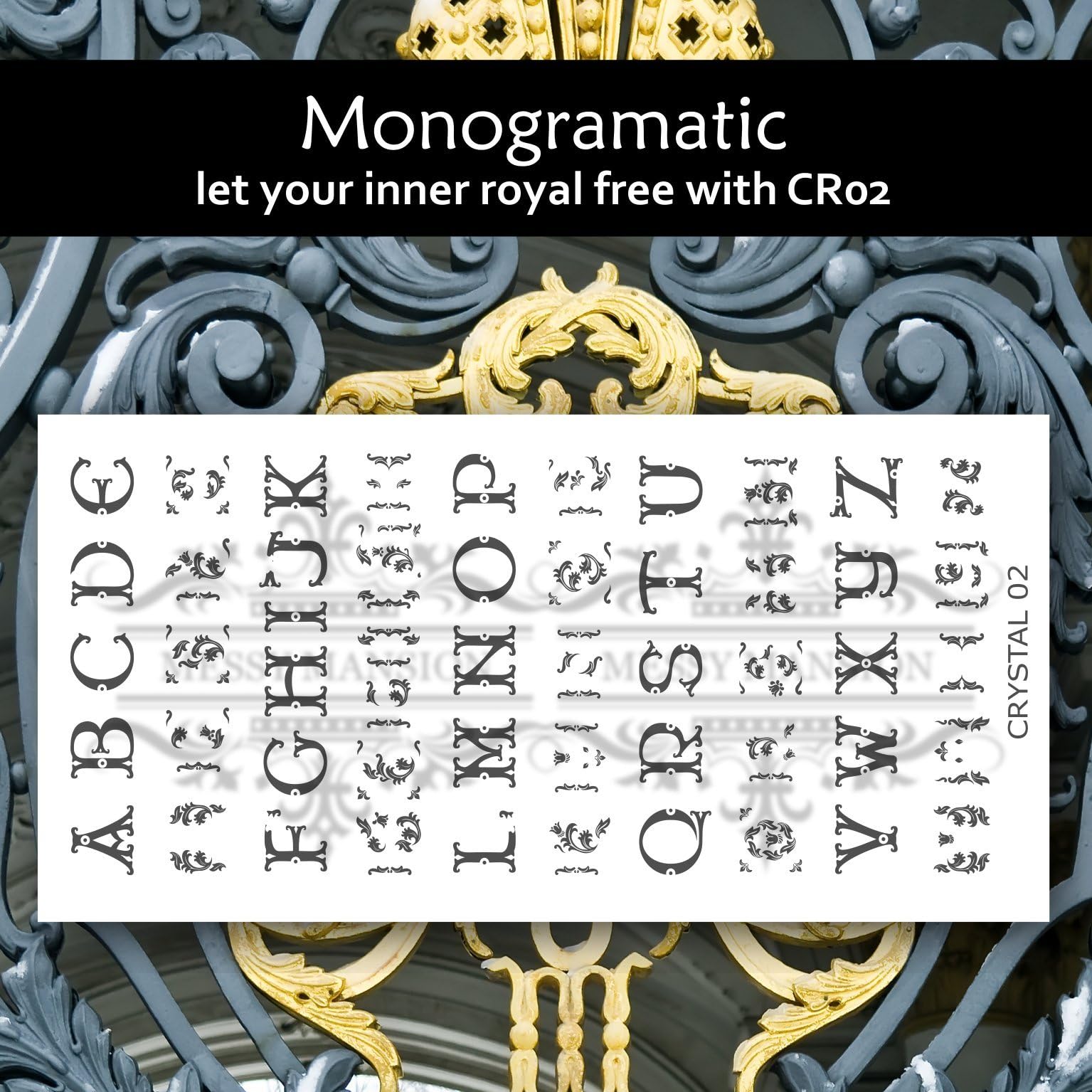 MESSY MANSION Crystal Monograms Letters and Text CR02 Layering Nail Art Stamping Plate