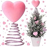Gejoy 6.3" Pink Heart Shaped Valentine's Day Tree Topper Mini Holiday Tree Decoration Love Ornament with Glitter Spiral Base for Wedding Party Home Decor Gift