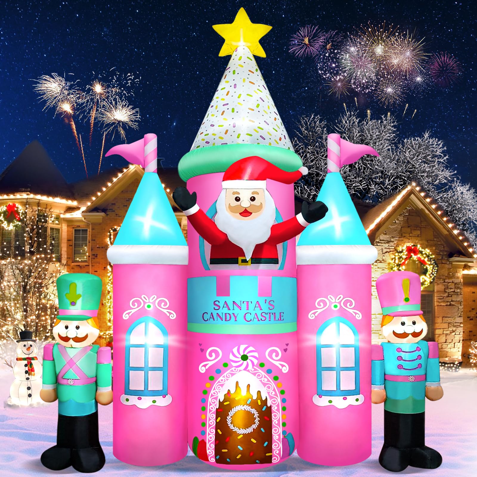 Photo 1 of Kalolary 10FT Christmas Inflatables Outdoor Decorations, Candy Castle Inflatable with Santa, Nutcracker Inflatable Blow Up Decoration with LED Lights for Yard, Lawn, Garden Decor