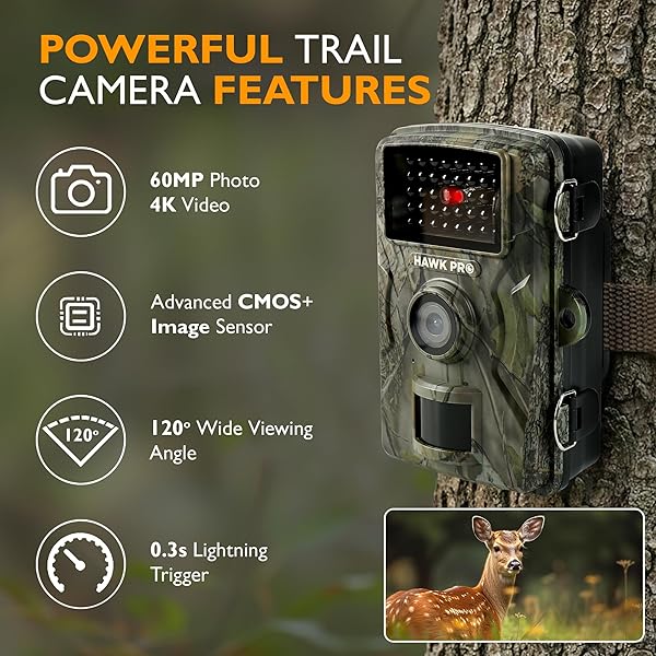 HAWKPRO DL-002 TRAIL CAMERA (NON-CELLULAR) – 60MP GAME CAMERA WITH NIGHT VISION MOTION ACTIVATED WATERPROOF IP-66, 0.3S TRIGGER TIME & 120° WIDE ANGLE – TRAIL CAM W/ 32GB CARD, USB CABLE & STRAP