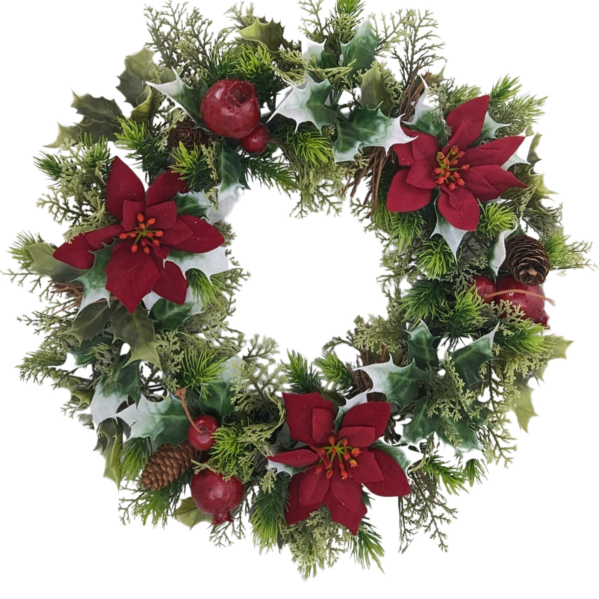Poinsettia Christmas Wreath, 10" & 16" | Artificial Wreath for Front Door, Wall, or Holiday Decor (Red Poinsettia, 16" (41cm))
