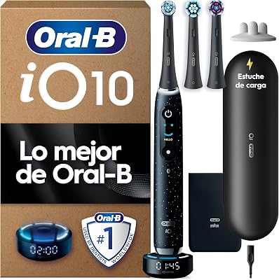 iO 10 Cepillo de Dientes Eléctrico con Mango Recargable, 3 Cabezales de Recambio y Estuche de Viaje con Cargador, Diseñado por Braun, Regalos Originales para Mujer y Hombre - Negro