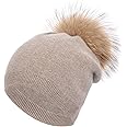 Women Cashmere Winter Slouchy Knit Beanie Hat with Real Fur Pom Pom Winter Beanie Knit Stocking Cap Ski Hat