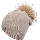 Women's Real Fur Pom Pom Cashmere Wool Blend Winter Slouchy Knit Beanie Hat with Real Pom Pom Beanie Hat