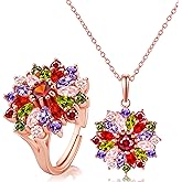 JoyToGo Necklace Ring Colorful Cubic Zirconia for Women, Rose Gold Plated Multi Gemstone Snowflake, Adjustable Ring Vintage Valentines Day Jewelry Set Gifts for her