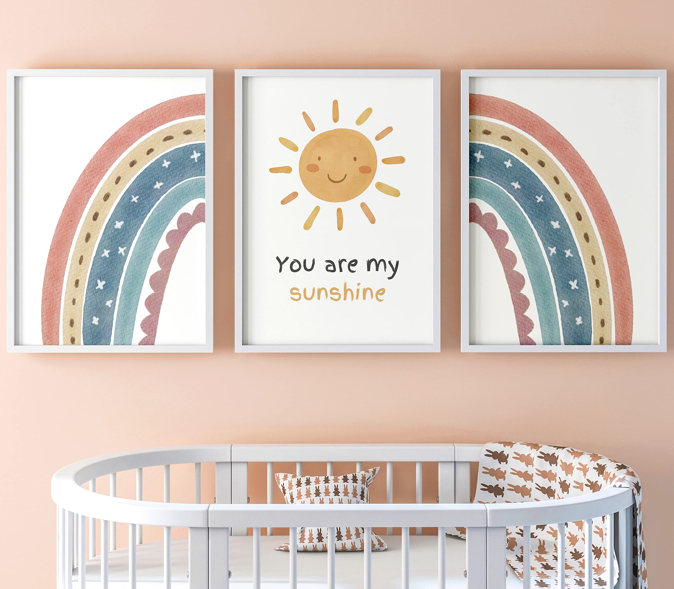You are My Sunshine Set of 3 Unframed Prints, Girls Boys Nursery Bedroom Decor Wall Art, Playroom Poster, Song Lyrics Nursery Rhyme, Boho Rainbow Sun (A4)