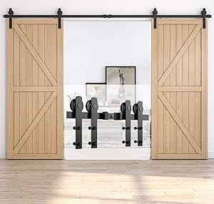HomLux 12ft Heavy Duty Sturdy Sliding Barn Door Hardware Kit, Double Door-Smoothly and Quietly, Easy to Install and Reusable - Fit 1 3/8-1 3/4