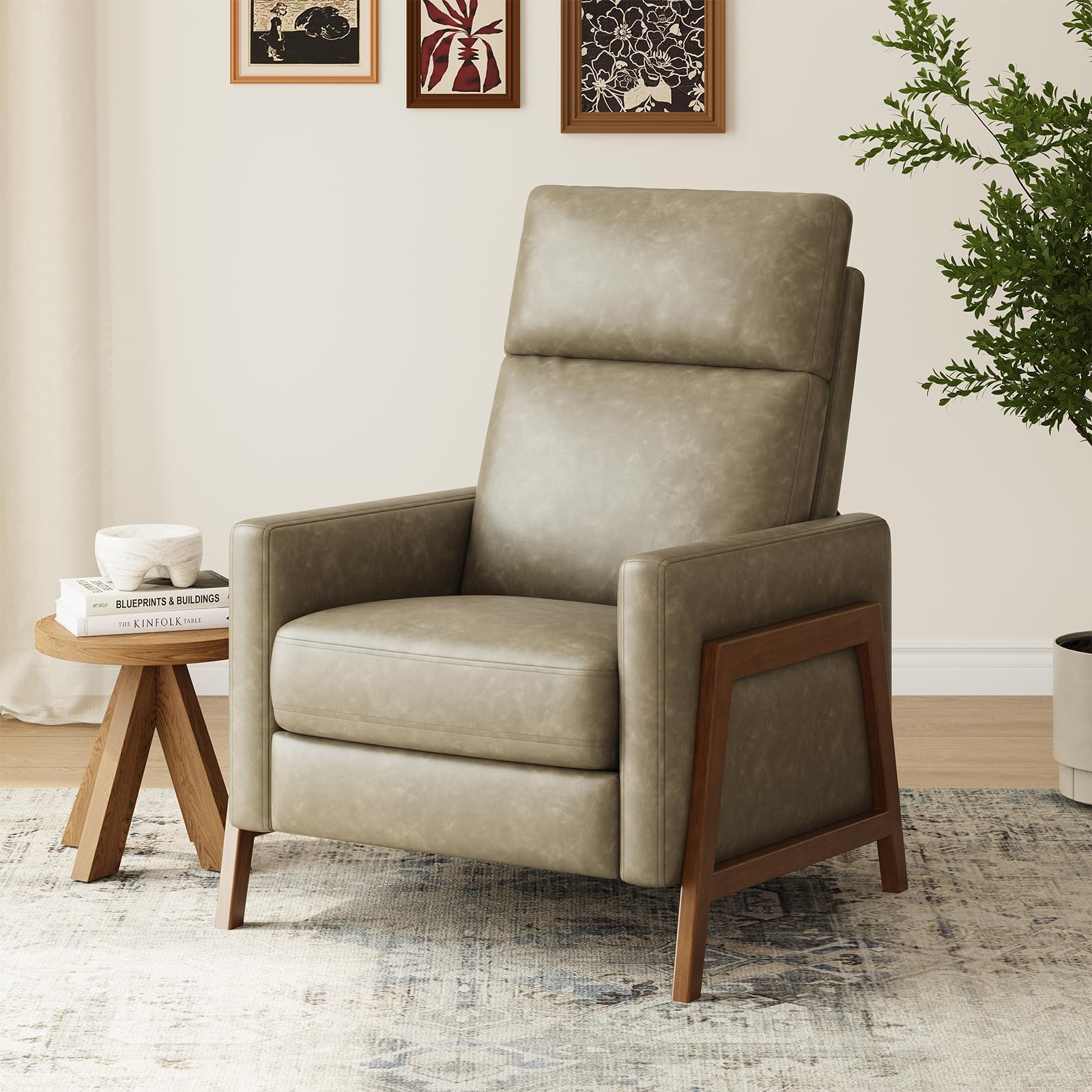 Photo 1 of ***PARTIAL PIECE*** COLAMY Push Back Recliner Chair,Mid Century Modern Wingback Chair, Comfy Armchair PU Leather Living Room Chairs with Wood Legs Reclining Chair Adjustable, Grey