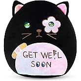 Easfan Get Well Soon Stuffed Cat Plush Pillow, Cozy Black Kitty Snuggle Soft Toy with Rainbow Belly, Gifts or Patients Girls Boys Women Men After Surgery, 12"