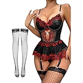 Lilosy Sexy Stocking Rhinestones Heart Garter Underwire Floral Mesh lace Sheer Babydoll Lingerie Teddy Bodysuit Skirt Set