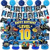 Blue Black Video Game 10th Birthday Decorations for Boys Happy Birthday Level 10 Banner Backdrop Honeycomb Centerpieces Hanging Swirl Tissue Paper Pompoms for Kid 10 Years Old Game Controller Supplies
