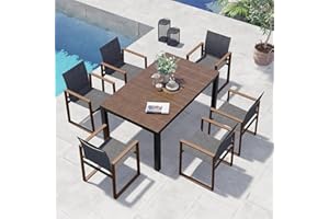 Grand patio 7 Piece Outdoor Dining Set with Faux Wood Grain Finish, Modern Alunimum Table and Chairs for 6 with Market Umbrella Hole for Garden, Backyard,Poolside,Lawn,Porch,Deck,Yard,Dark Brown