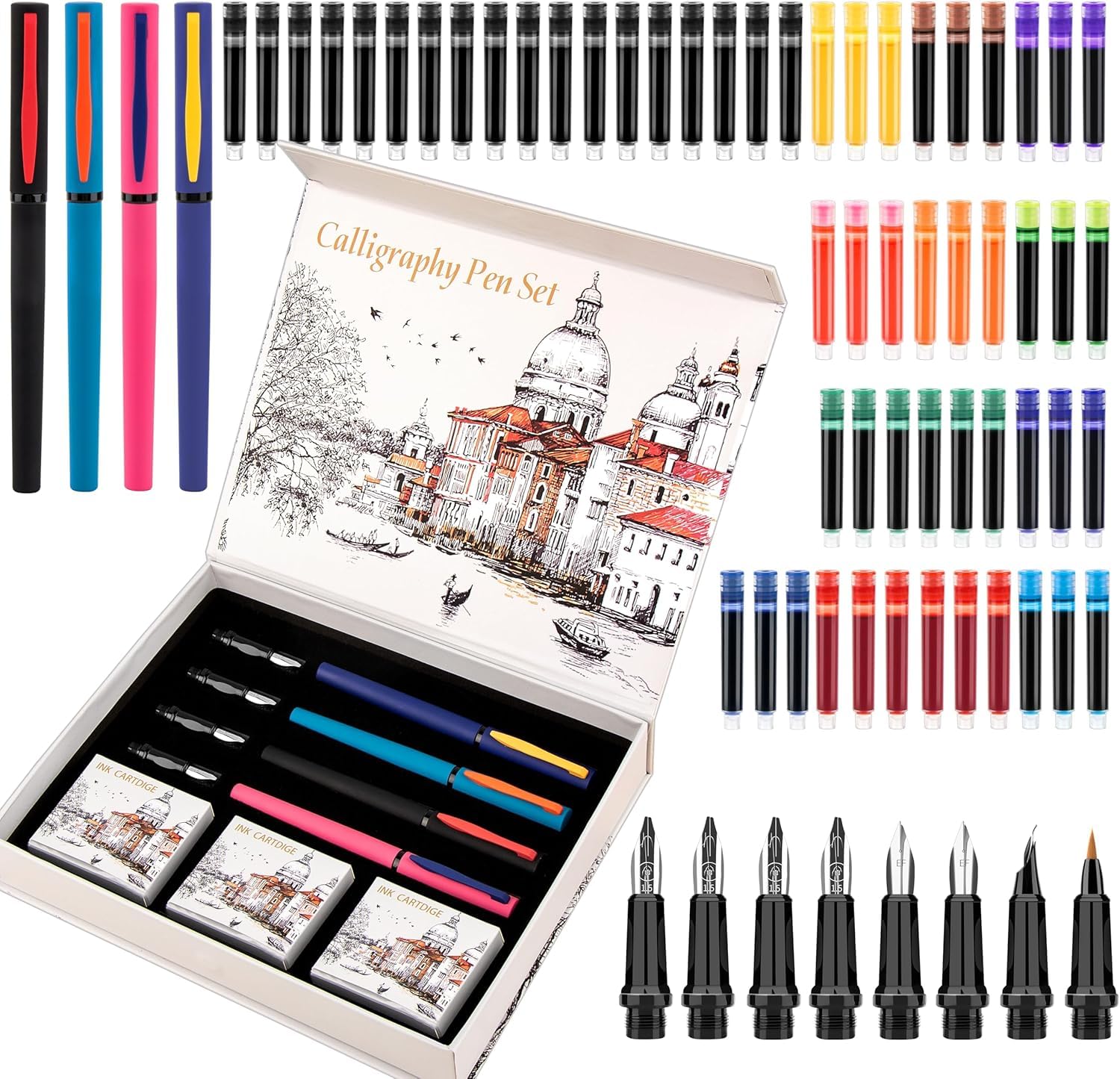 Oauir Gusix Calligraphy Pen set,Calligraphy Fountain Pens with 7 Different Replaceable Nibs with 60 Ink Cartridges(12 Colors),3 multi-functional color Fountain pens