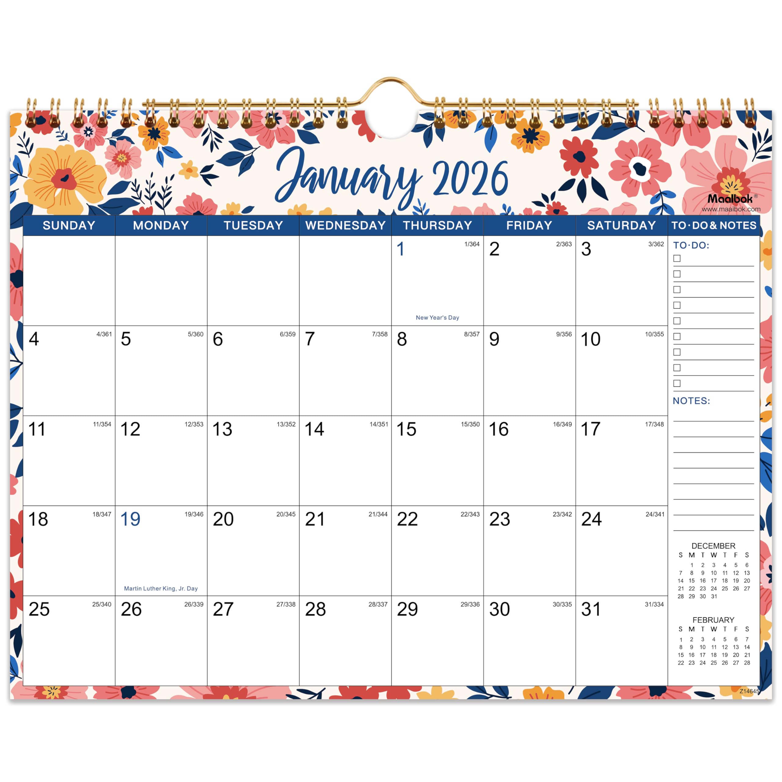 Photo 1 of 2026 Wall Calendar - 2026 Calendar, 12 Months Hanging Calendar 2026, Jan 2026 - Dec 2026, 11" x 8.5", Spiral Binding, Julian Dates, Large Block, Notes, To-do List, Thick Paper, Perfect for Organizing