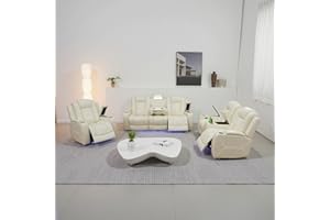 PON LIVING FURNITURE INC Power Recliner Sofa Set with LED, Leather Reclining Sofa Set, Living Room Furniture Set with USB Charging (Cream White Upgraded Version Total of 8 Cup Holders)